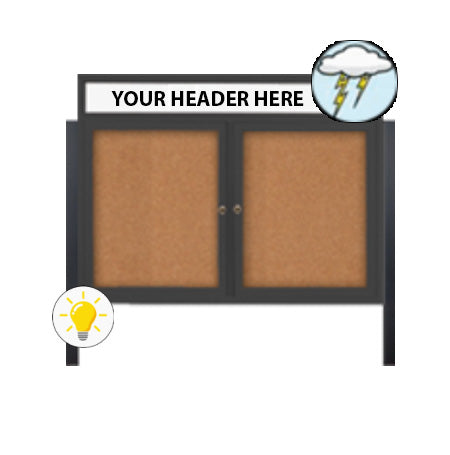 Freestanding 2 Door Enclosed Outdoor Bulletin Boards 60" x 40" Lighted w Message Header on Posts