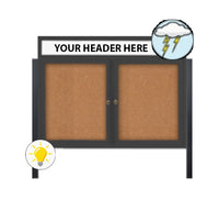 Freestanding 2 Door Enclosed Outdoor Bulletin Boards 48" x 60" Lighted w Message Header on Posts
