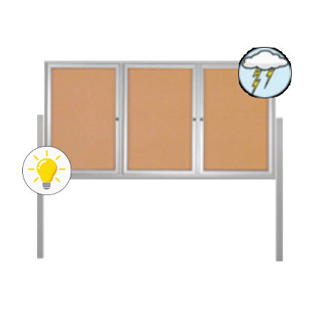 Free-Standing 3-Door Outdoor Bulletin Board 72x48 on Posts with LED Lighting + Metal Display Case