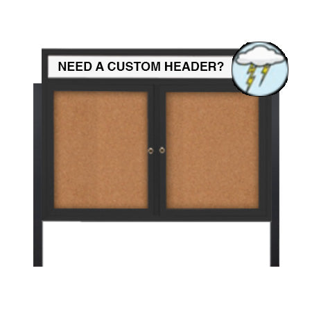 Outdoor Enclosed 50x40 Cork Bulletin Boards w Personalized HEADER (Radius Edge & Leg Posts) 2 DOORS