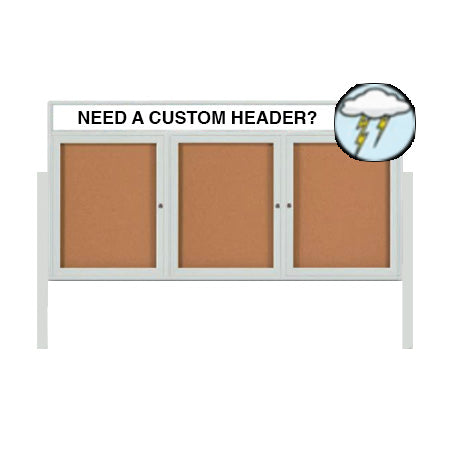 Outdoor Enclosed 96x30 Cork Bulletin Boards w Personalized HEADER (Radius Edge & Leg Posts) 3 DOORS