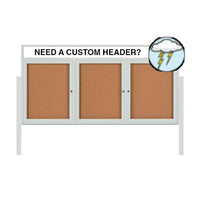 Outdoor Enclosed 72x30 Cork Bulletin Boards w Personalized HEADER (Radius Edge & Leg Posts) 3 DOORS