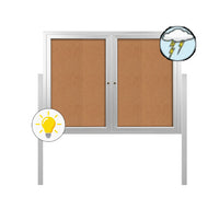 48x36 Free-Standing Outdoor Cork Bulletin Boards with LED Lights and Radius Edge Corners - Two Doors