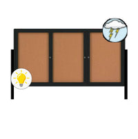 Outdoor Enclosed 96x36 Bulletin Cork Boards with Lights (with Radius Edge & Leg Posts) (3 DOORS)