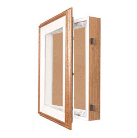 22 x 28 SwingFrame Designer Oak Wood Framed Cork Board Display Case 4" Deep