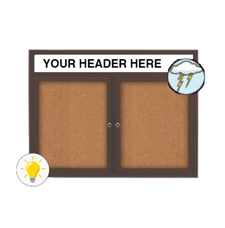 60 x 60 Enclosed Outdoor Bulletin Board with Message Header and LED Lights - Wall Mount 2 Door Cabinet