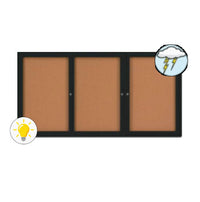 Three Door Enclosed Outdoor Bulletin Boards 72 x 36 with Interior LED Lighting and Sleek Radius Edge Cabinet Corners