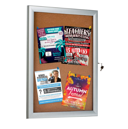 Notice Enclosed Corkboard, Side Locking | Holds (4) 8.5x11 Postings | Silver Finish, 22 x 28