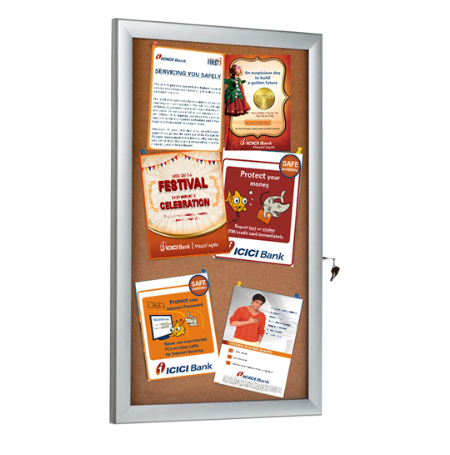20x40 Notice Enclosed Cork Board, Side Locking | Showboard Holds SIX 8.5x11 Postings | Satin Silver Finish