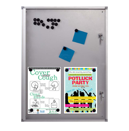 19 x 25 Indoor Lockable Notice Enclosed Magnetic Board | Showboard Holds FOUR 8.5x11 Postings | Satin Silver Finish